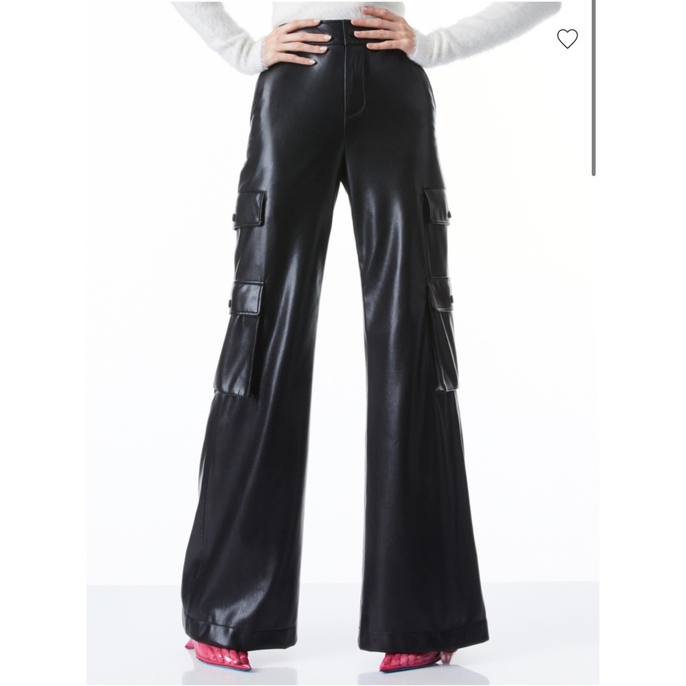 Alice + Olivia Black Vegan Leather High Waist Wide Leg Cargo Pants Womens
